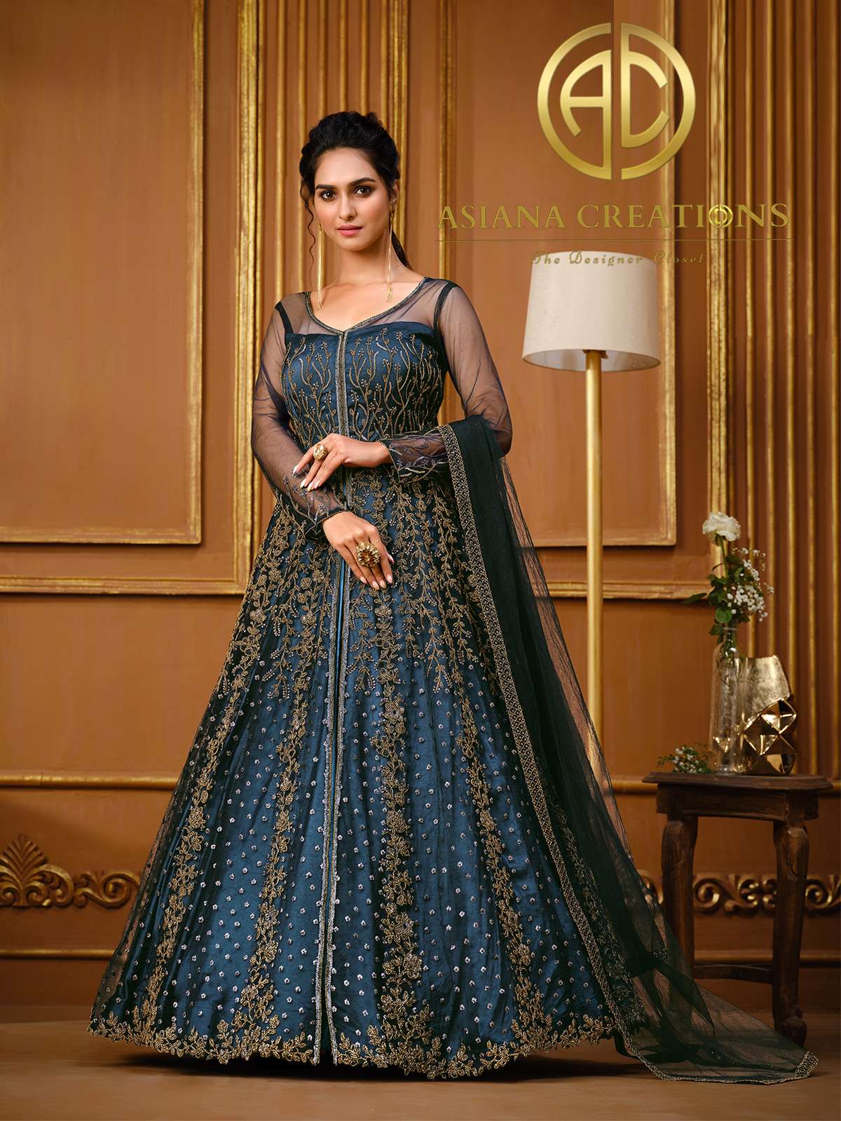 Net Embroidered Party Wear Black and Blue Lehenga-2737