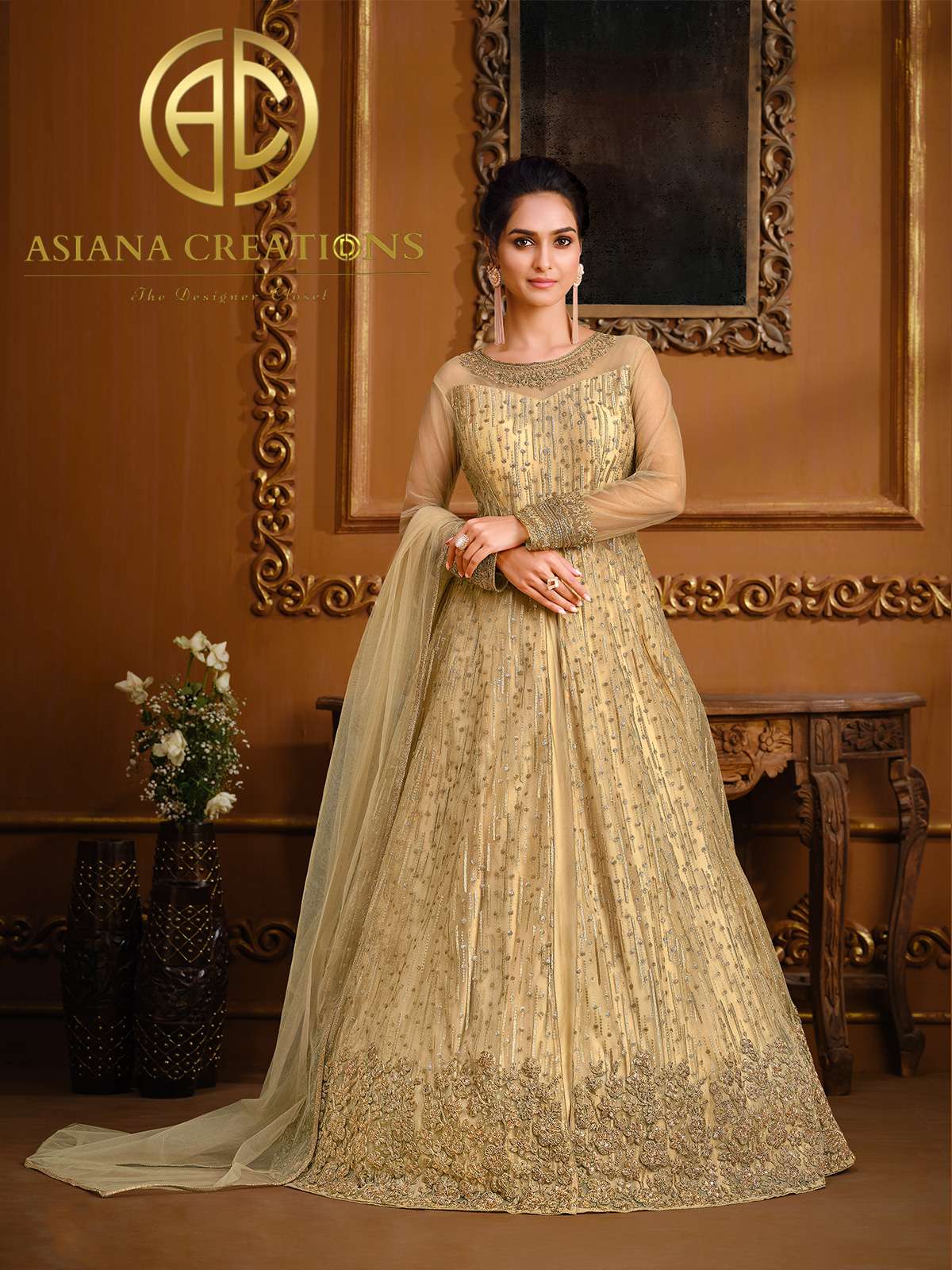 Net Embroidered Party Wear Beige Lehenga-2739
