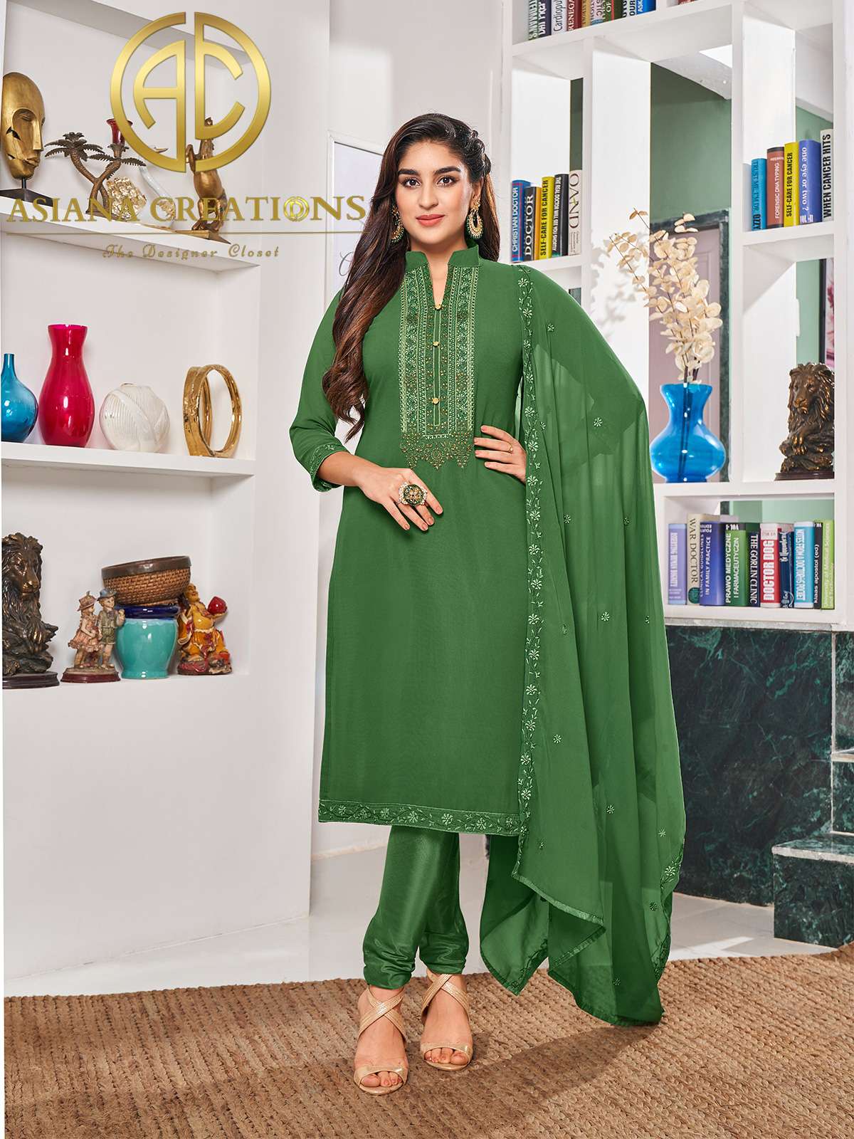 Georgette Embroidered Green Festive Wear Salwar Suit-2780