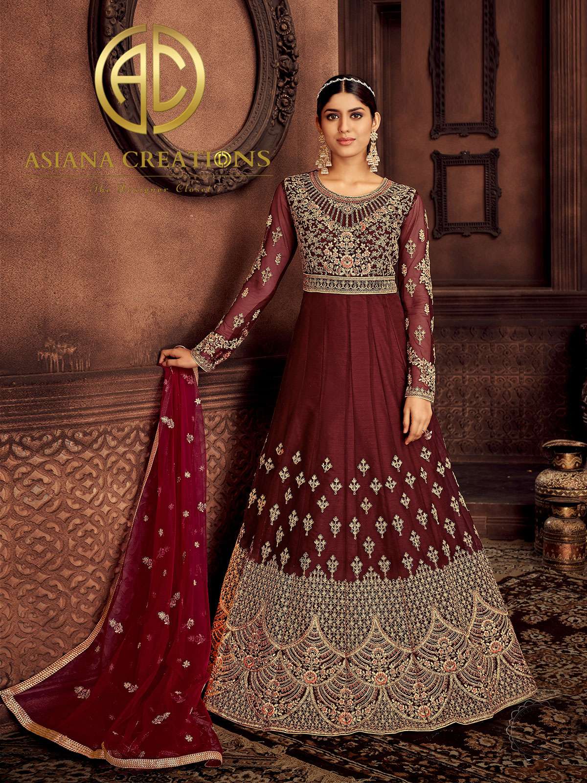 Net Embroidered Maroon Wedding Reception Wear Anarkali Suit-2784