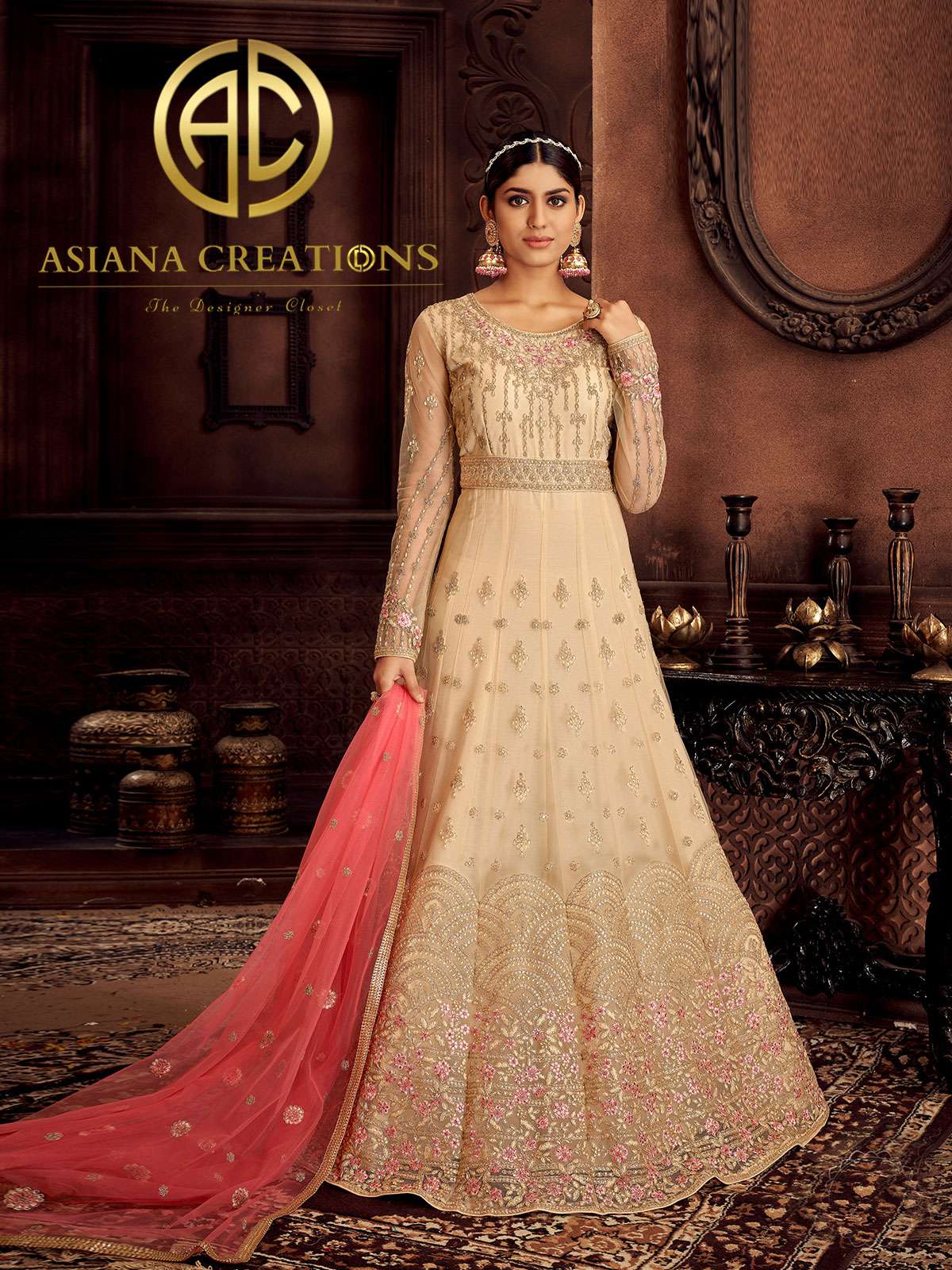 Net Embroidered Peach Wedding Reception Wear Anarkali Suit-2785