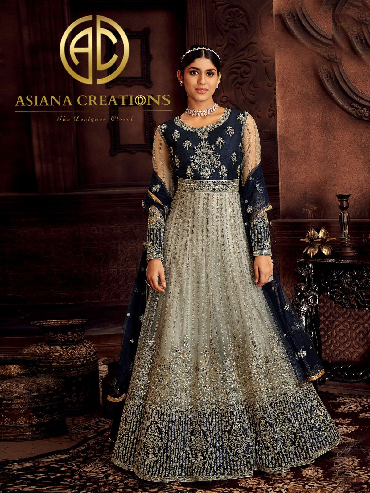 Net Embroidered Grey Wedding Reception Wear Anarkali Suit-2786