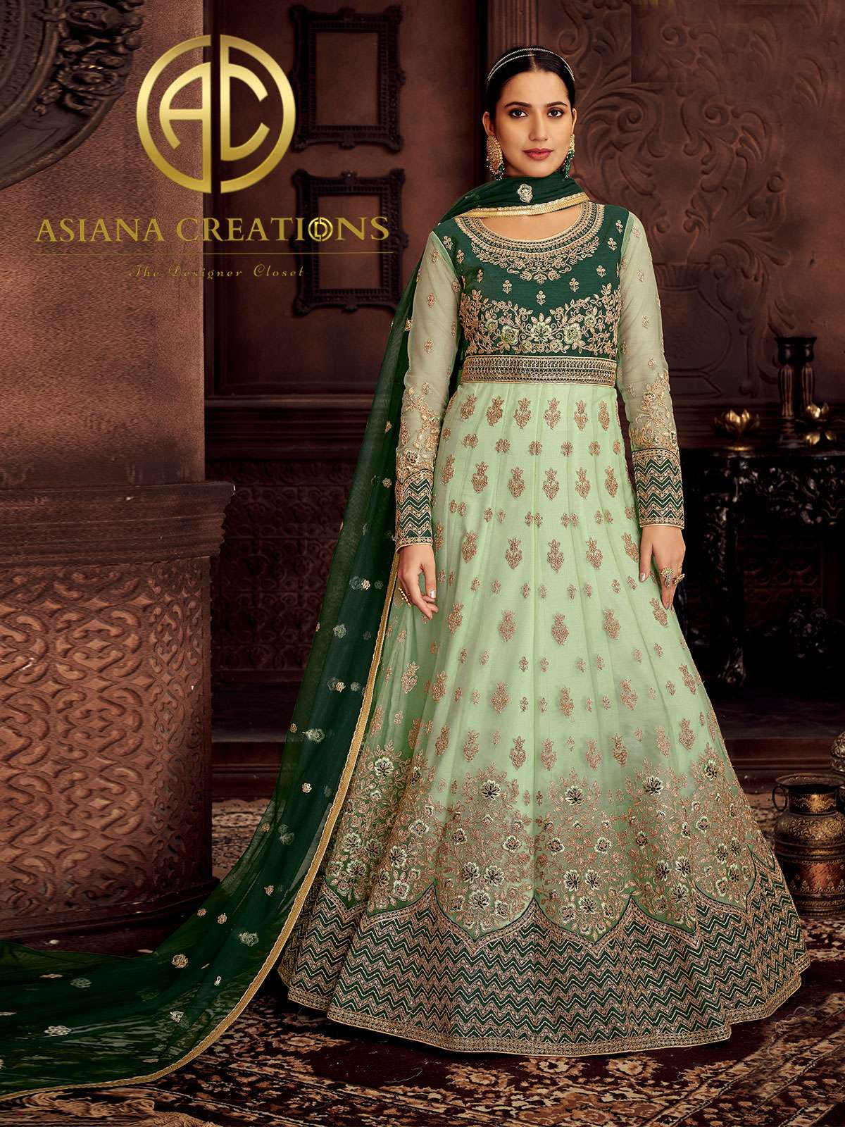 Net Embroidered Green Wedding Reception Wear Anarkali Suit-2787