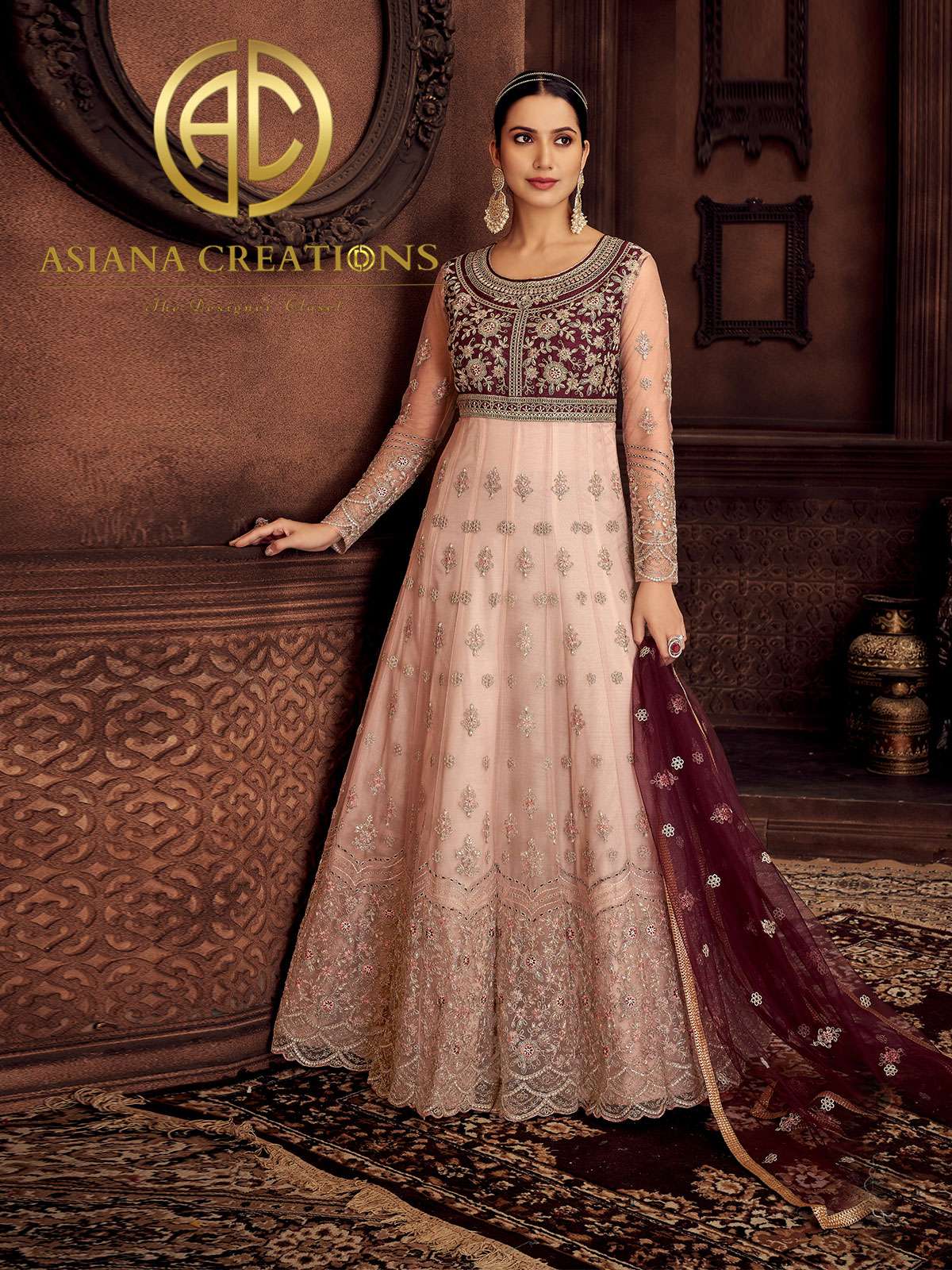 Net Embroidered Wine and Pink Wedding Reception Wear Anarkali Suit-2789