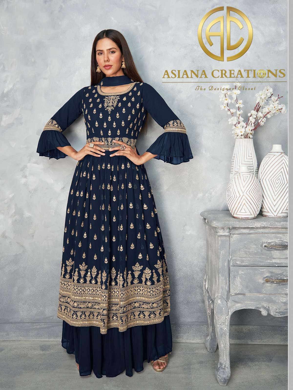 Georgette Embroidered Navy Blue Palazzo Wedding Wear Suit-2790