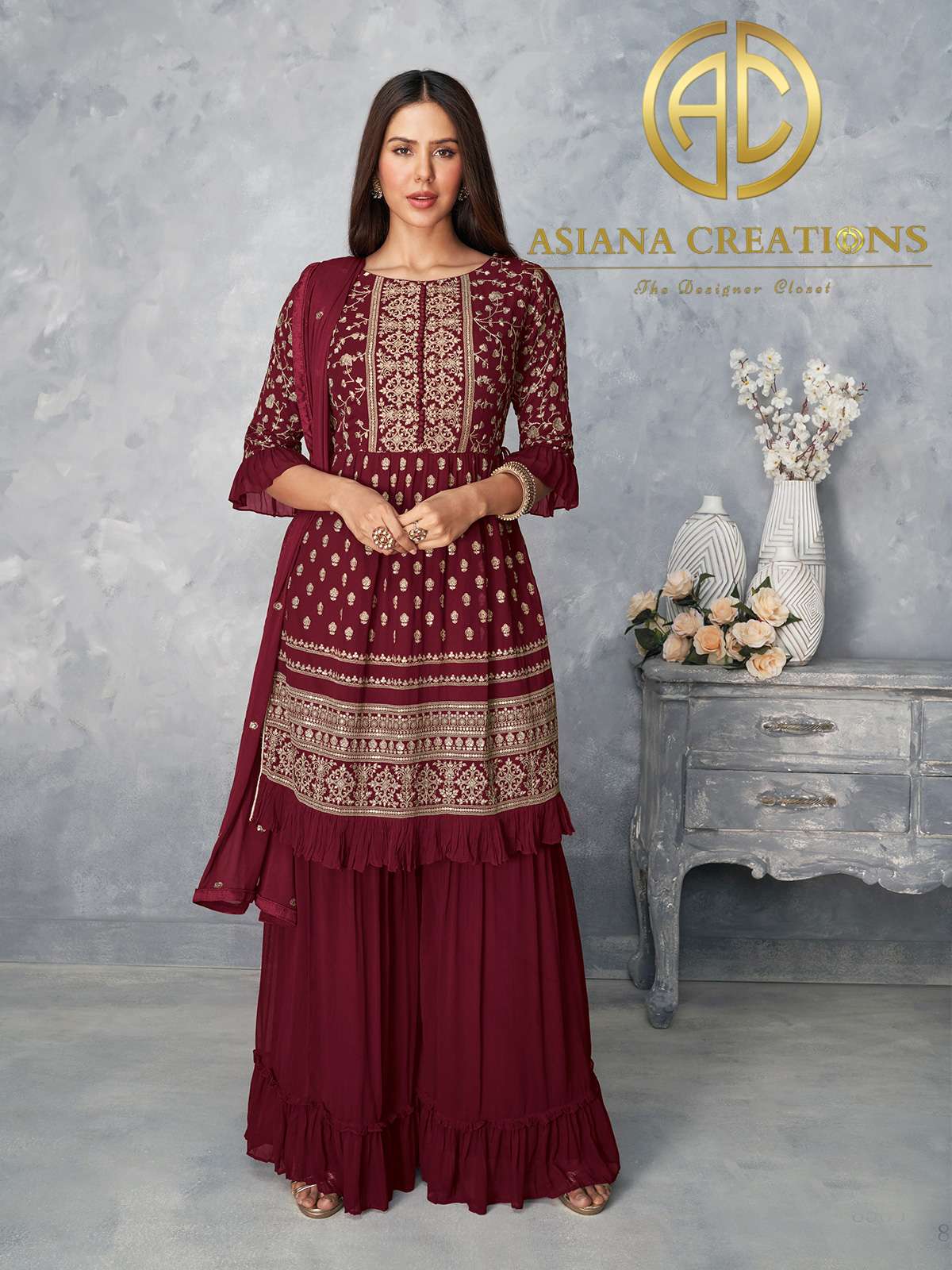 Georgette Embroidered Maroon Palazzo Wedding Wear Suit-2794