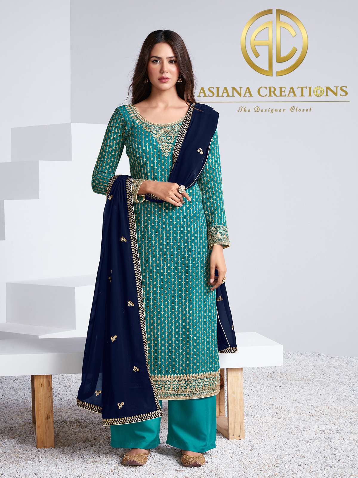 Georgette Embroidered Blue Wedding Salwar Suit-2844