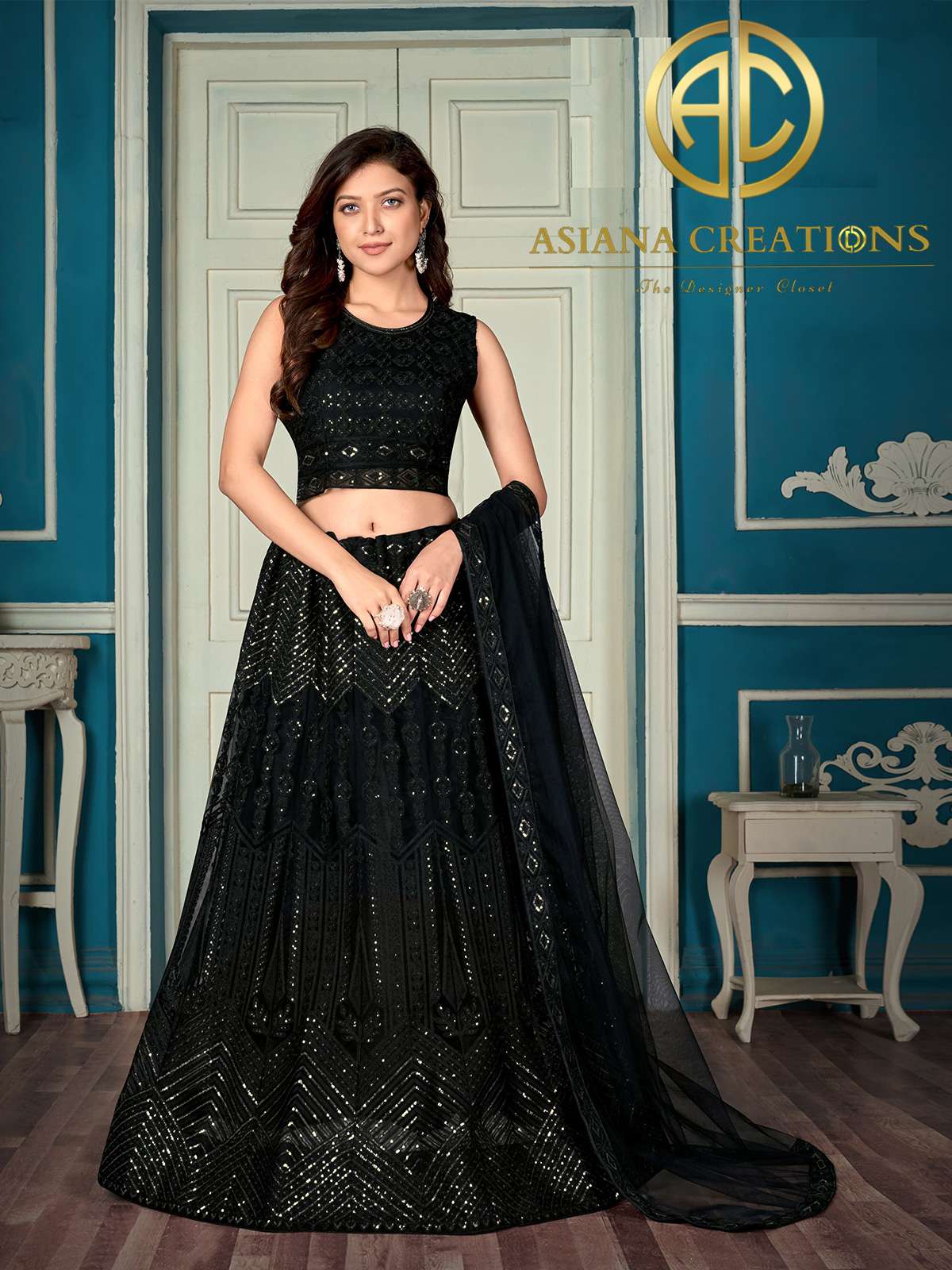 Net Embroidered Black Party Wear Lehenga-2859