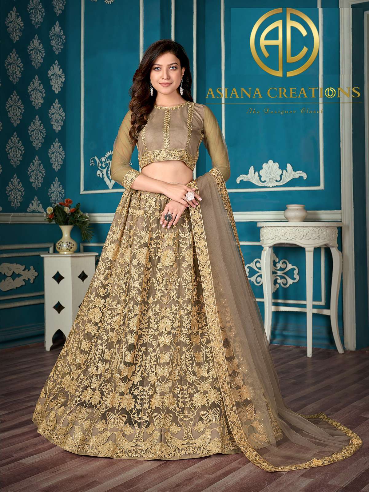 Net Embroidered Beige Party Wear Lehenga-2860