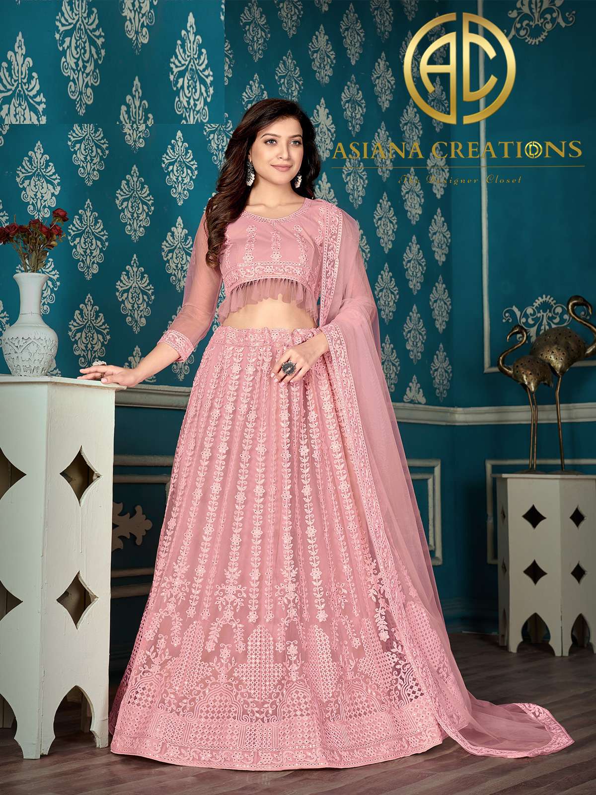 Net Embroidered Pink Party Wear Lehenga-2861