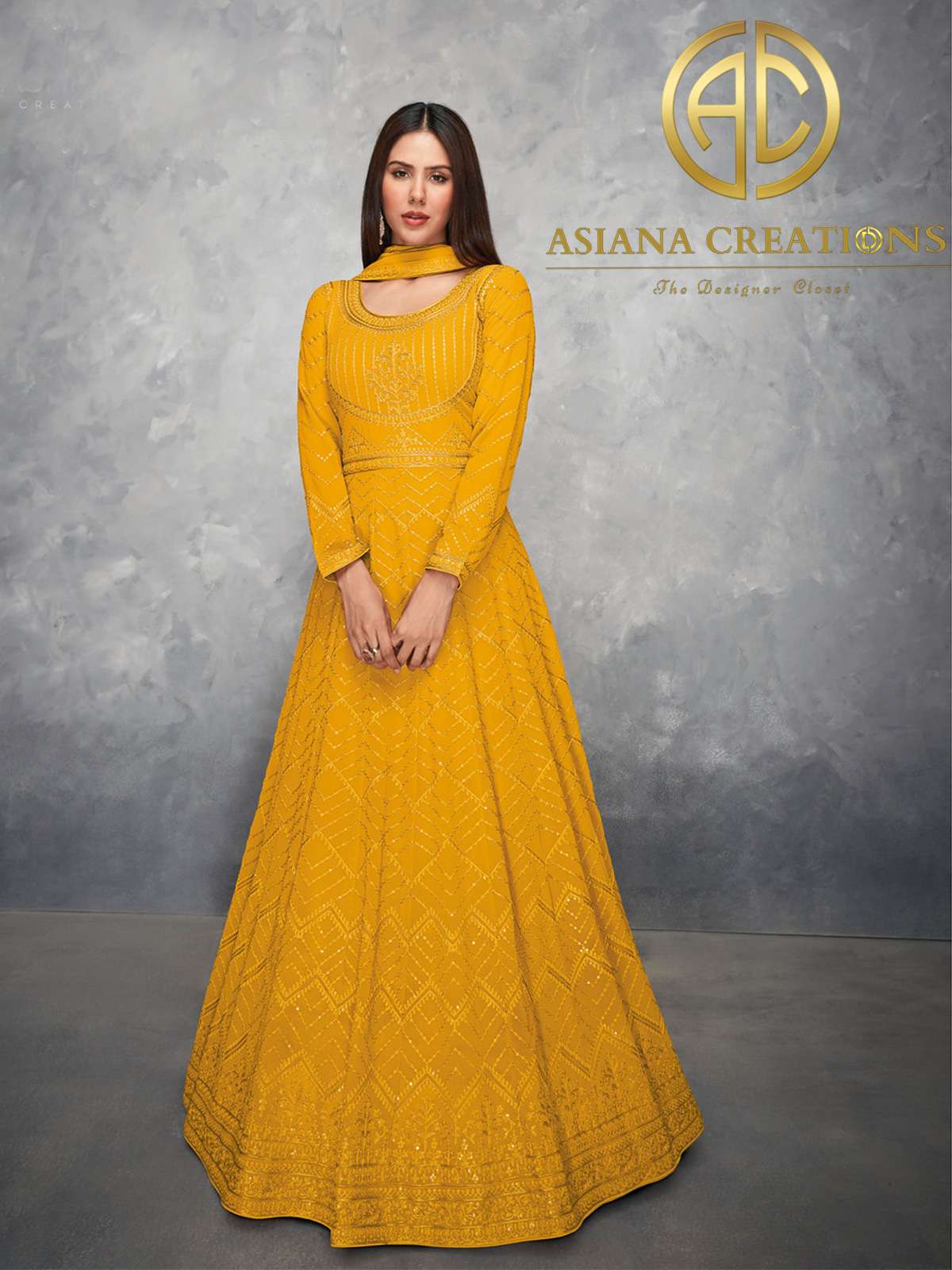 Georgette Embroidered Yellow Anarkali Wedding Suit-2876