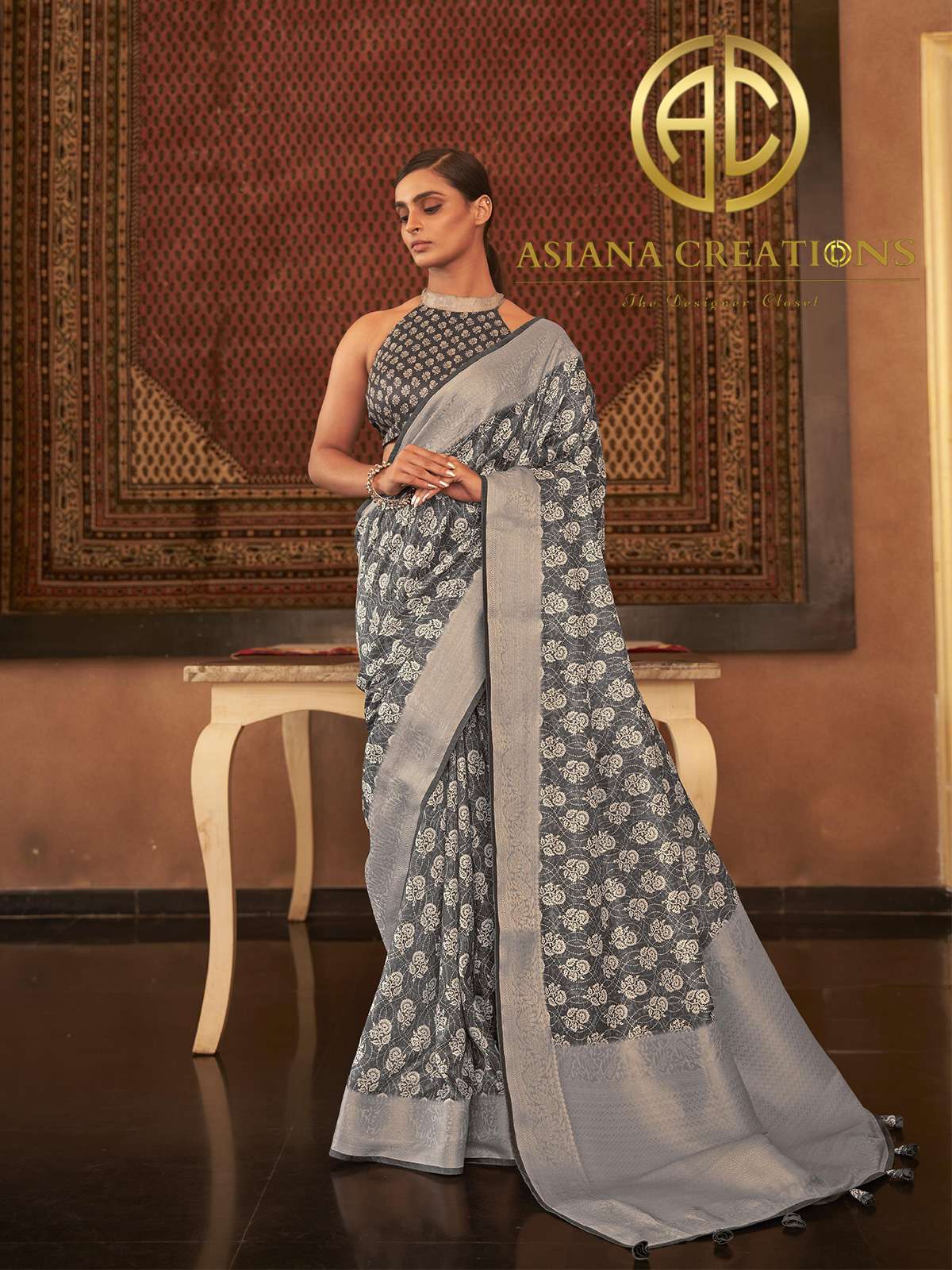 Pashmina Silk Grey Printed Festive Wear Saree-2804