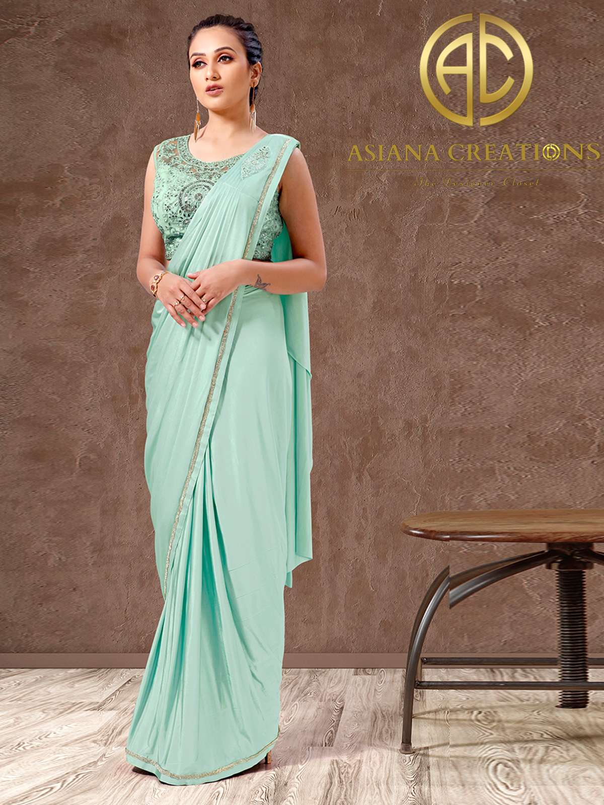 Lycra Pre-Stitched Sea Green Party Wear Saree-2881