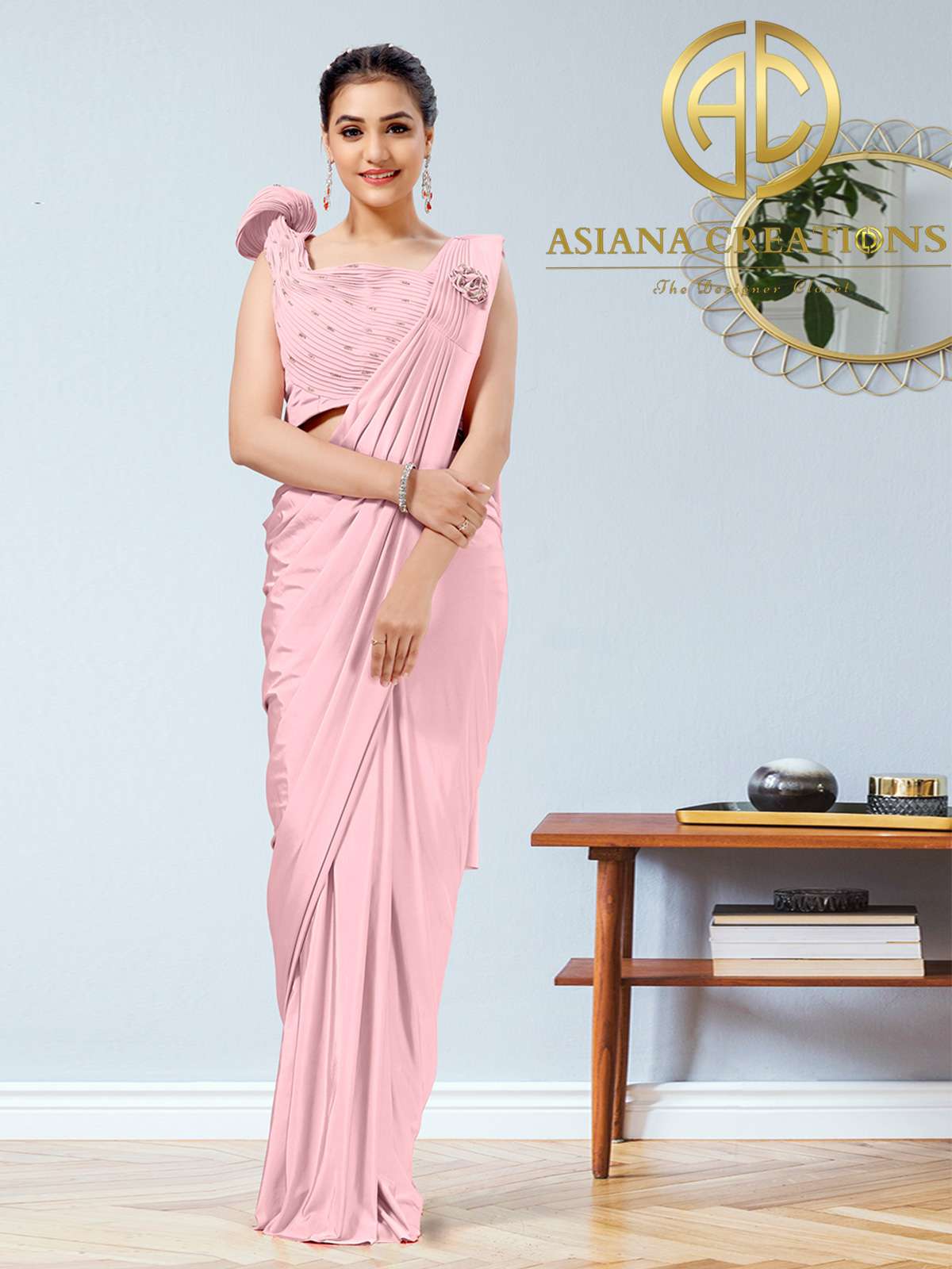 Lycra Pre-Stitched Pink Party Wear Saree-2886
