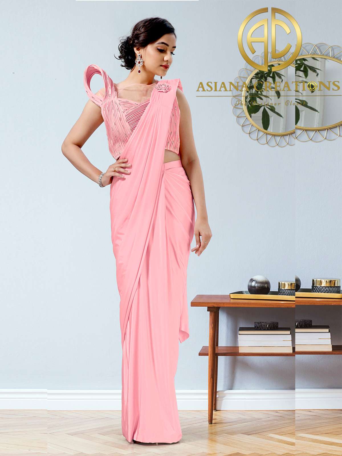 Lycra Pre-Stitched Pink Party Wear Saree-2887