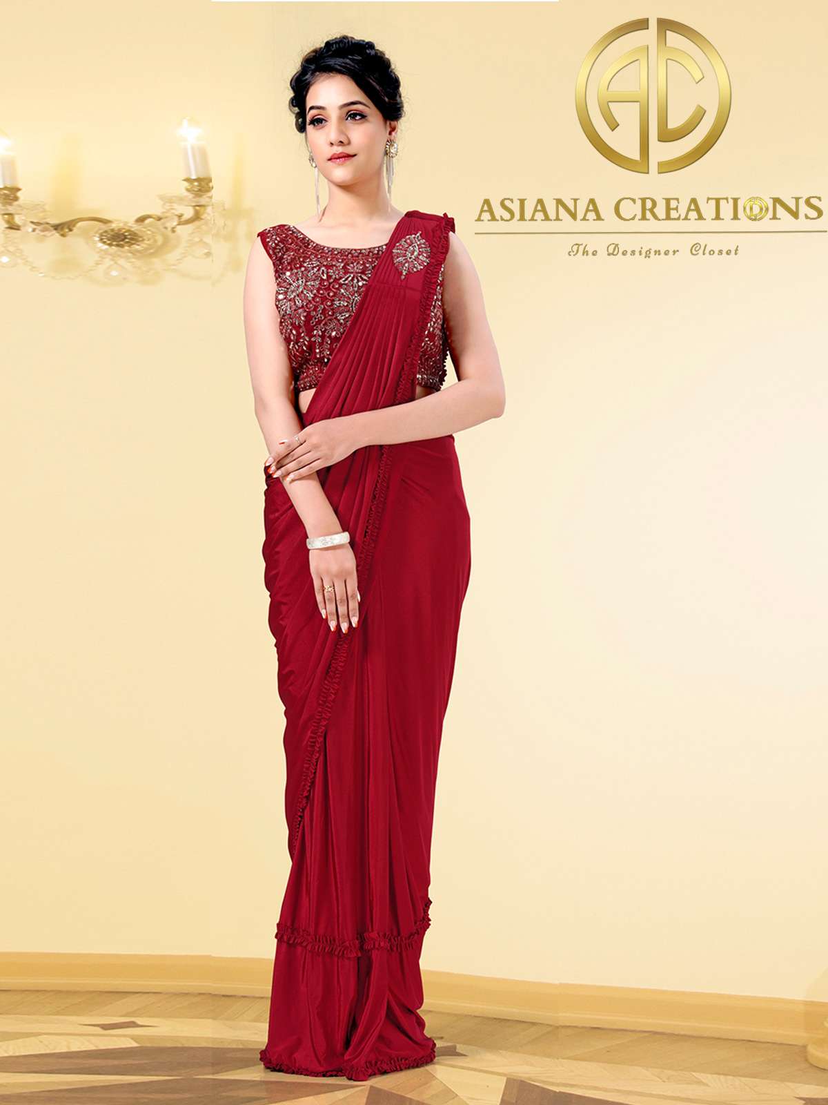 Lycra Pre-Stitched Red Party Wear Saree-2891