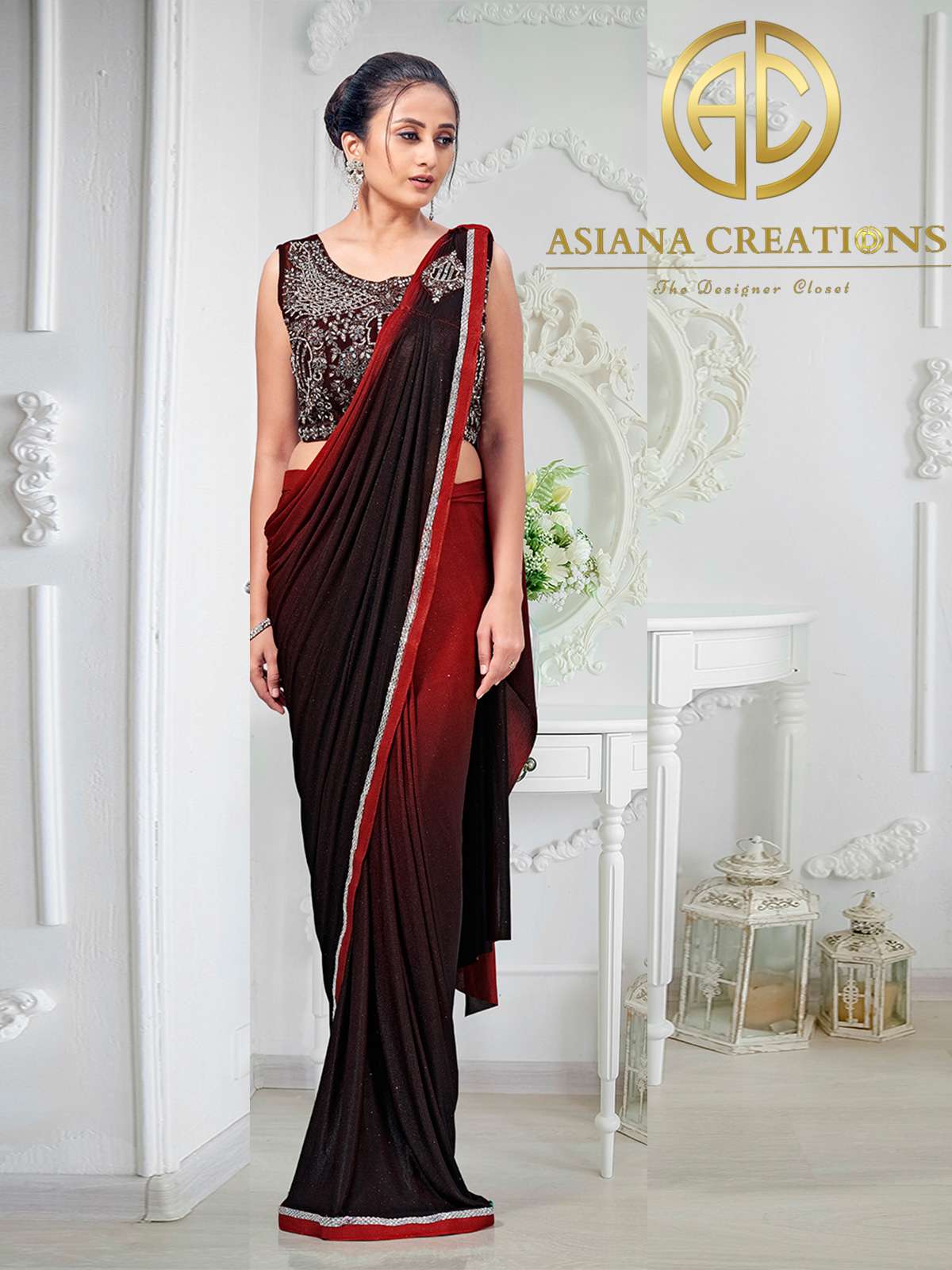 Lycra Pre-Stitched Ombre Black and Red Party Wear Saree-2895