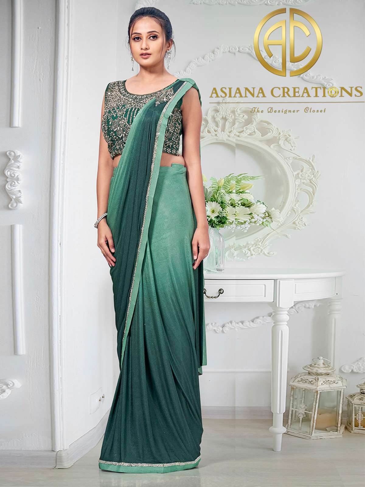 Lycra Pre-Stitched Ombre Green Party Wear Saree-2896