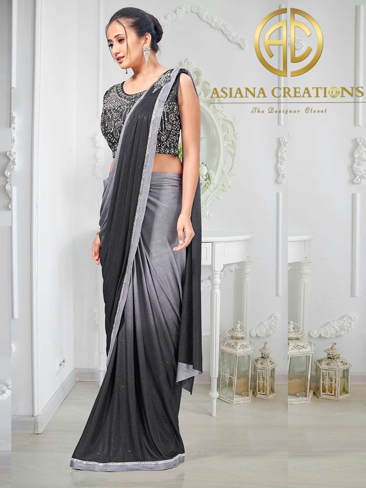 Lycra Pre-Stitched Ombre Black and Red Grey Wear Saree-2897