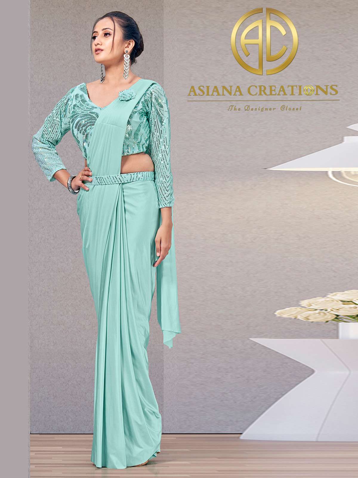Lycra Pre-Stitched Sea Green Party Wear Saree-2898
