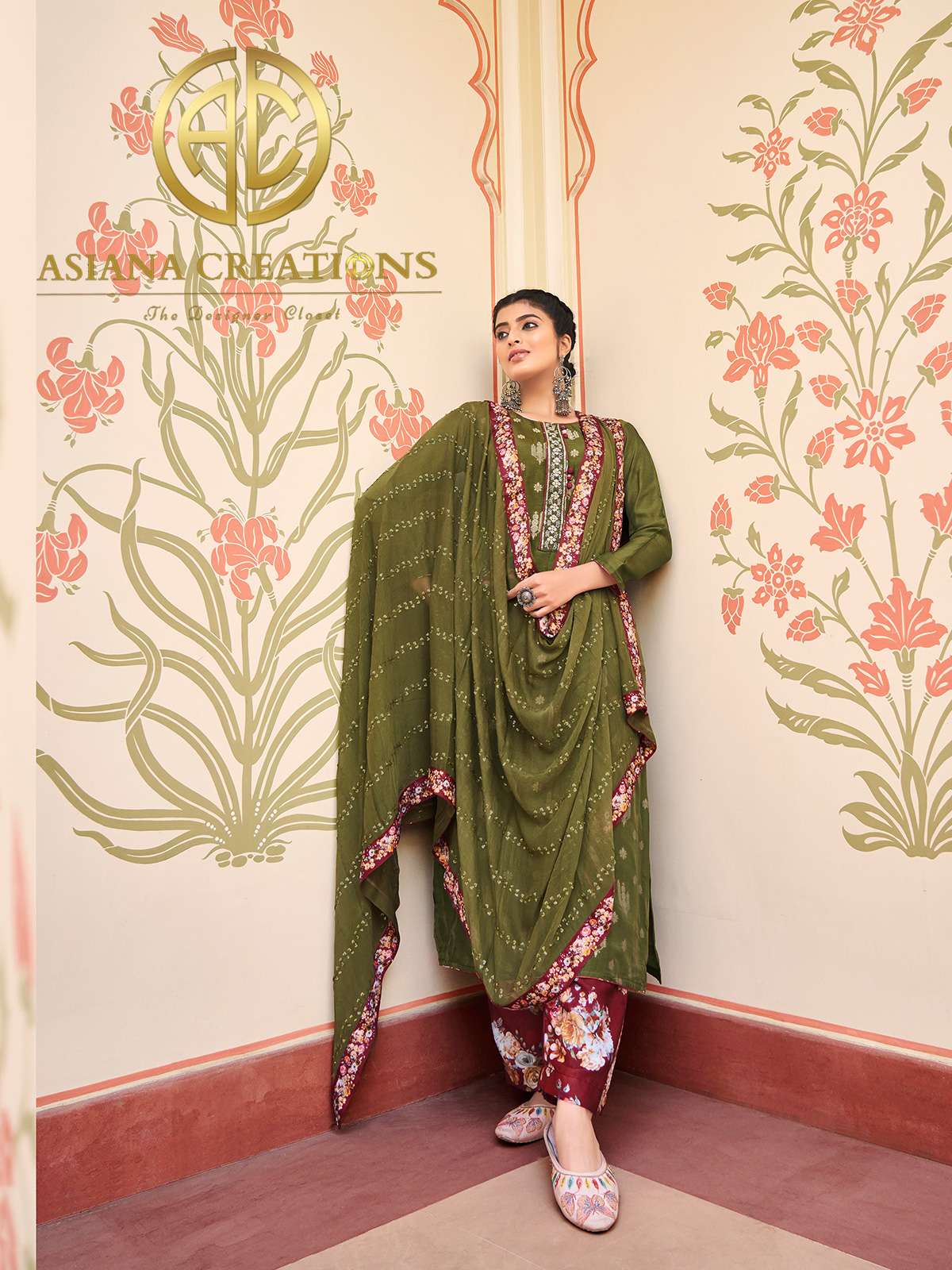 Silk Jacquard Woven Olive Green Casual Wear Straight Suit-2938