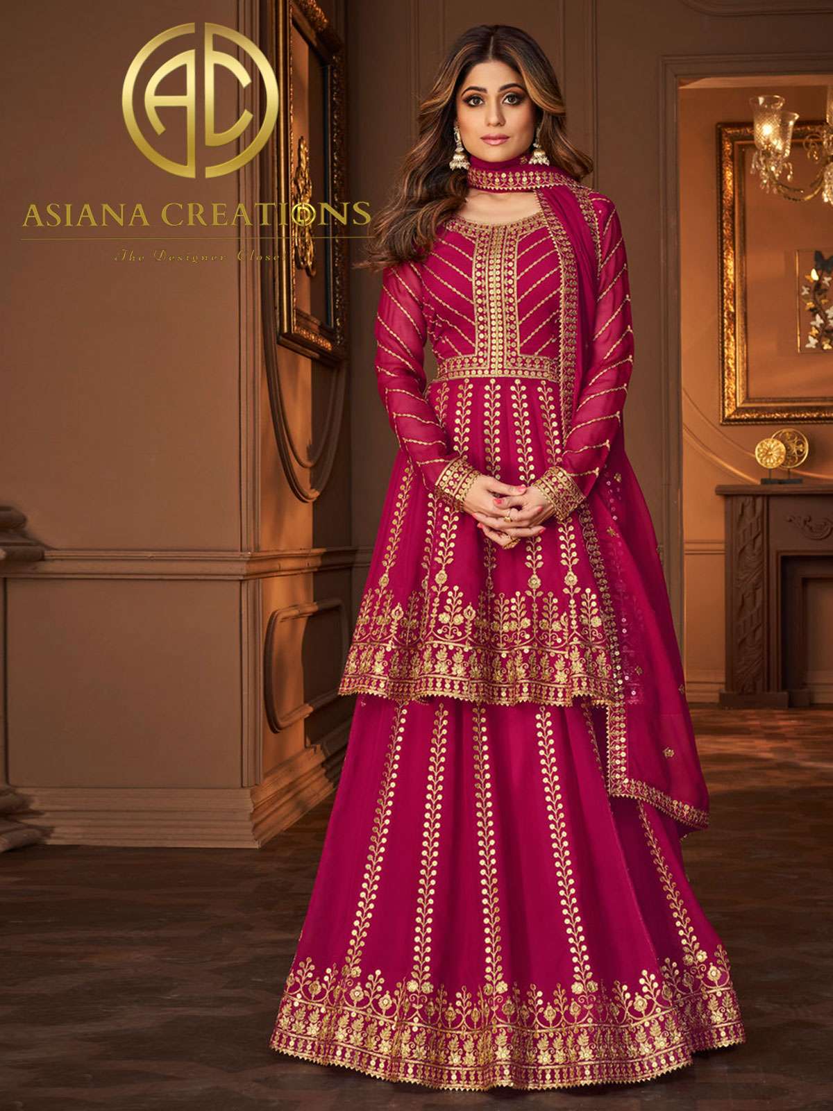 Shamita Shetty in Pink Georgette Embroidered Lehenga-2981