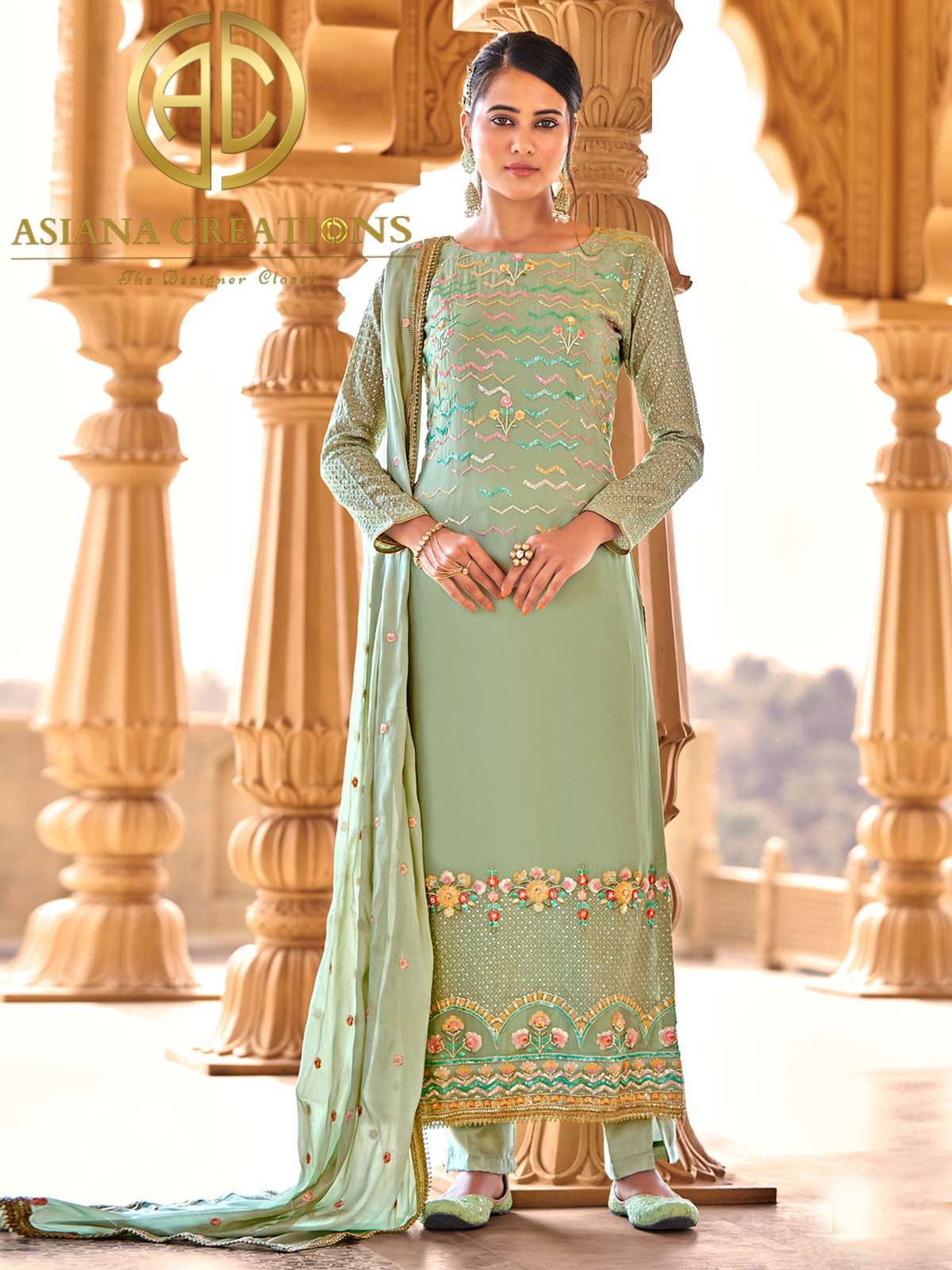 Georgette Hand Embroidered Green Wedding Wear Suit-2990