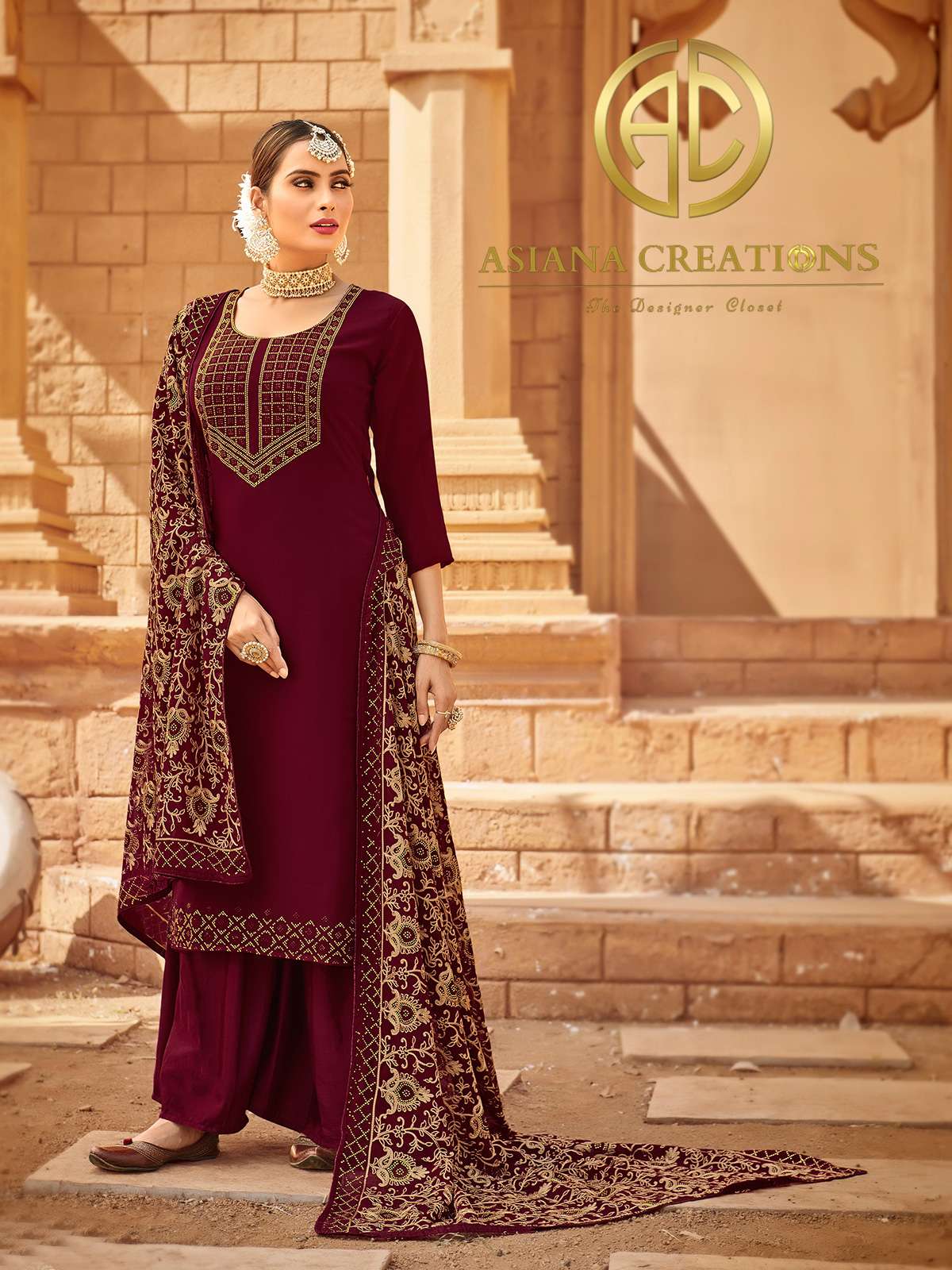 Georgette Embroidered Maroon Wedding Palazzo Suits-3000