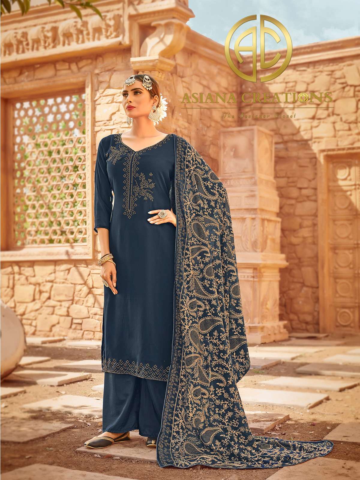 Georgette Embroidered Navy Blue Wedding Palazzo Suits-3001
