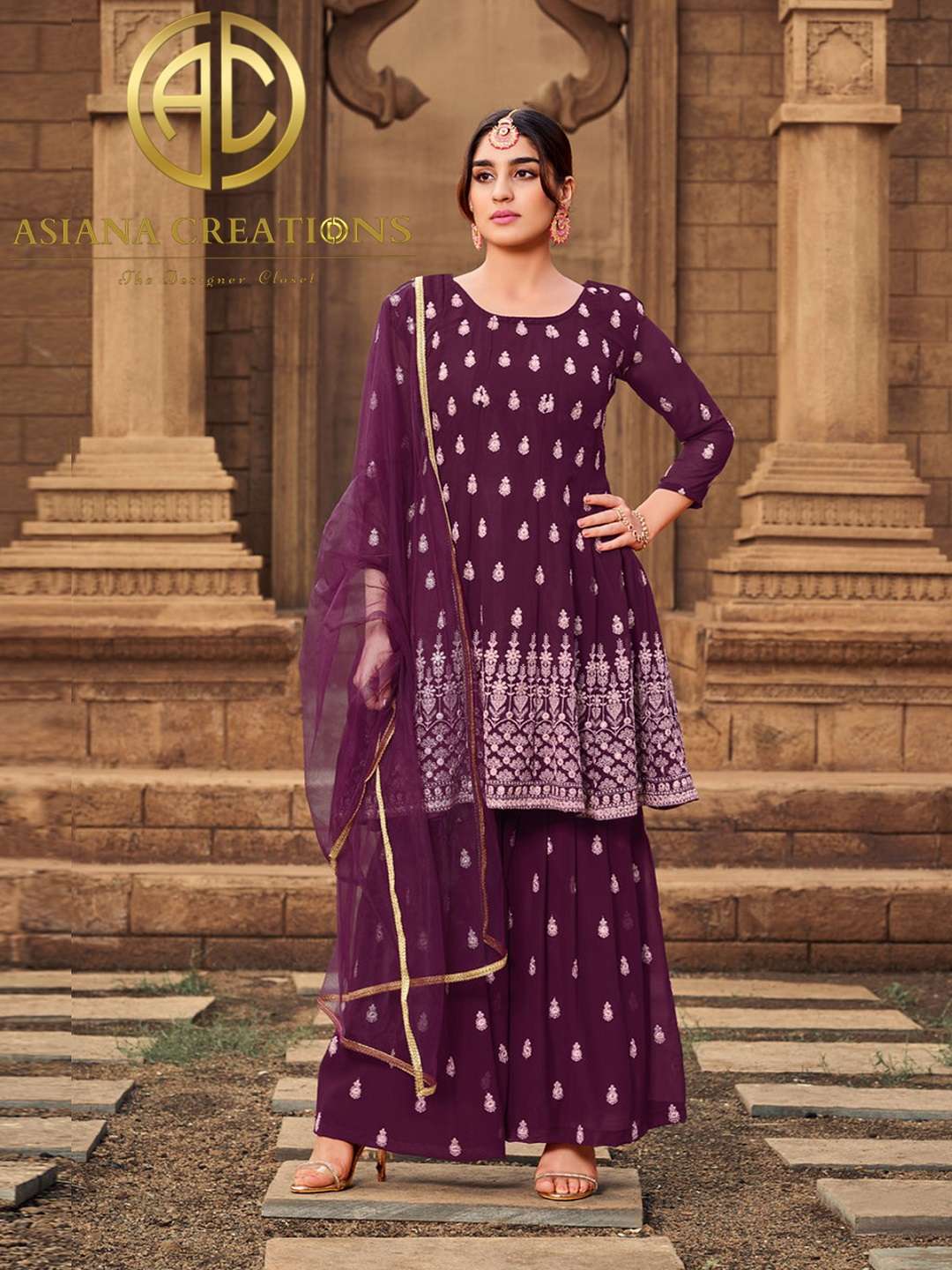 Georgette Wine Embroidered Traditional Palazzo Suit-3023