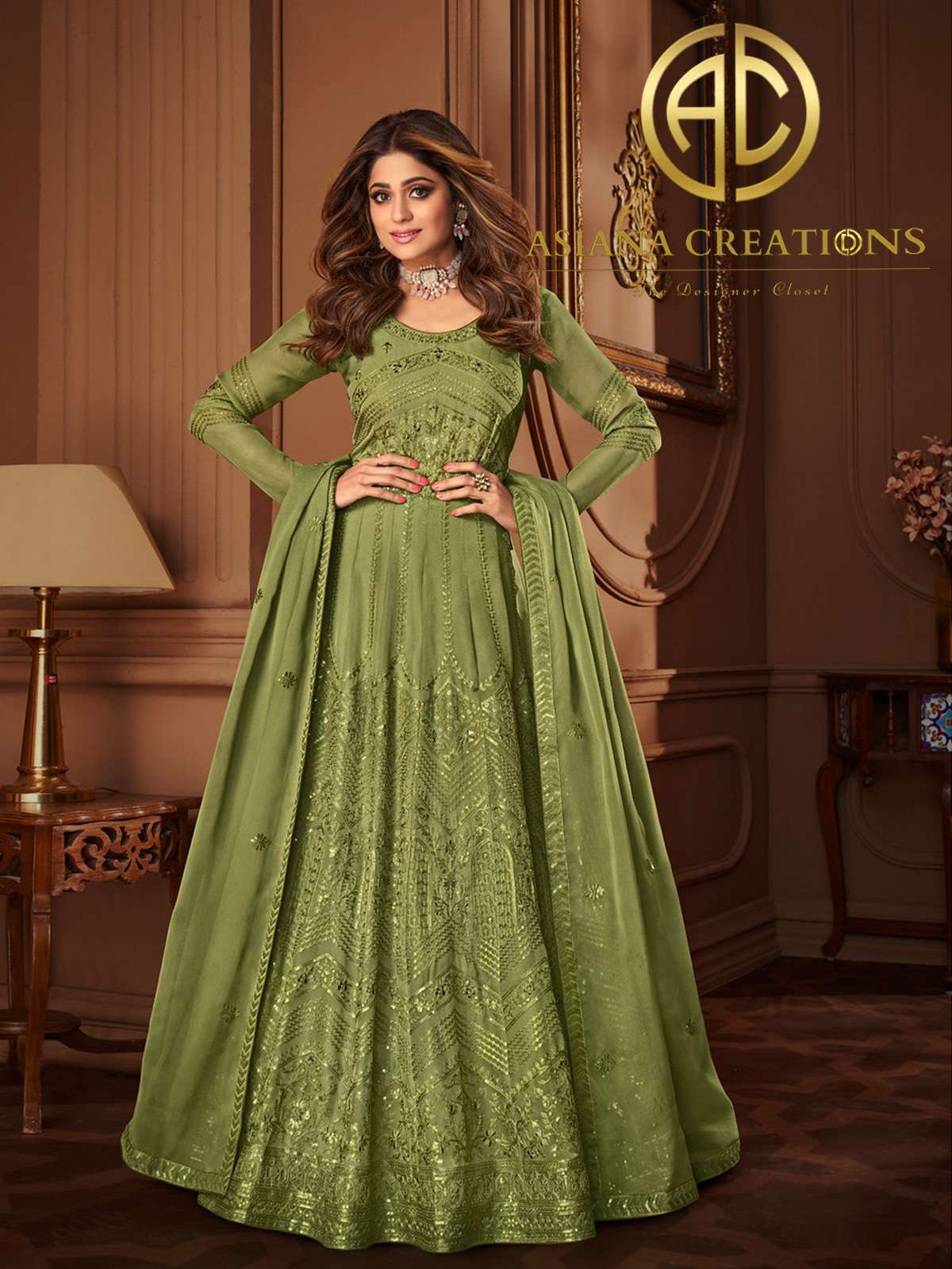 Georgette Embroidered Green Embroidered Wedding  Anarkali Suit-3050