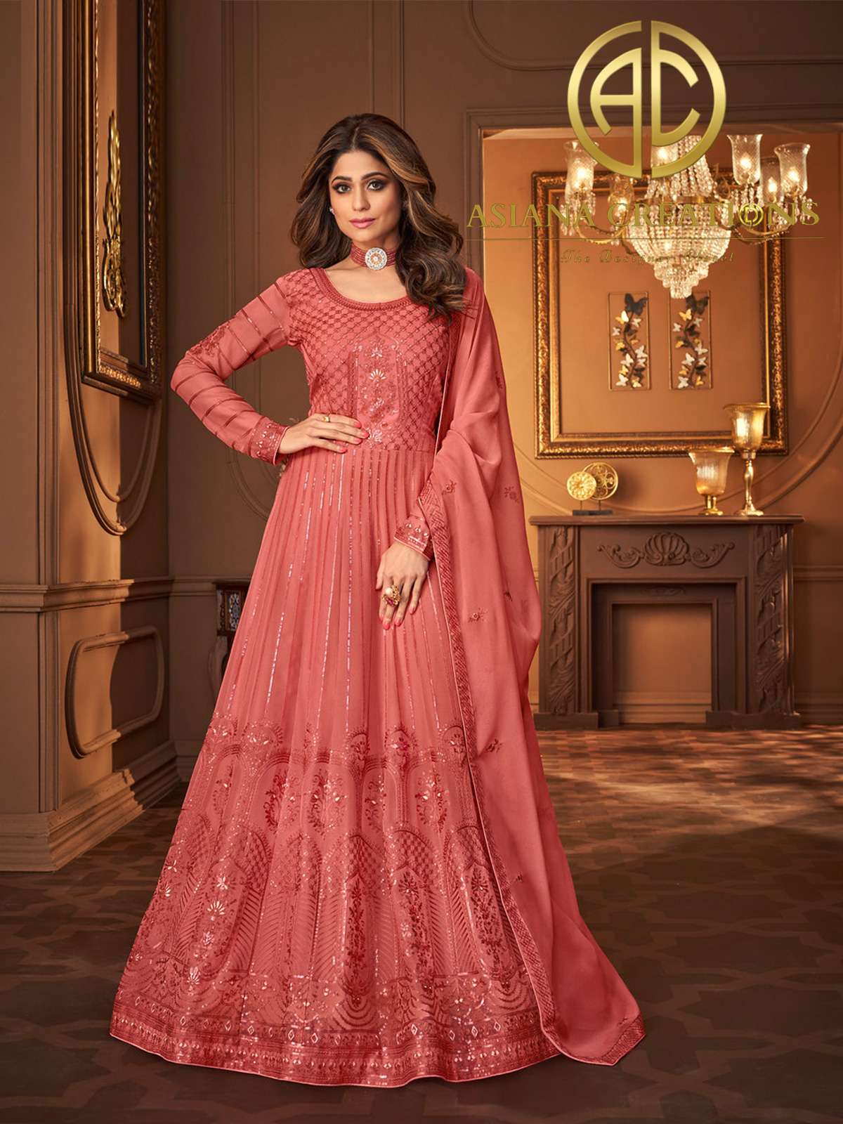 Georgette Embroidered Peach Embroidered Wedding Anarkali Suit-3052