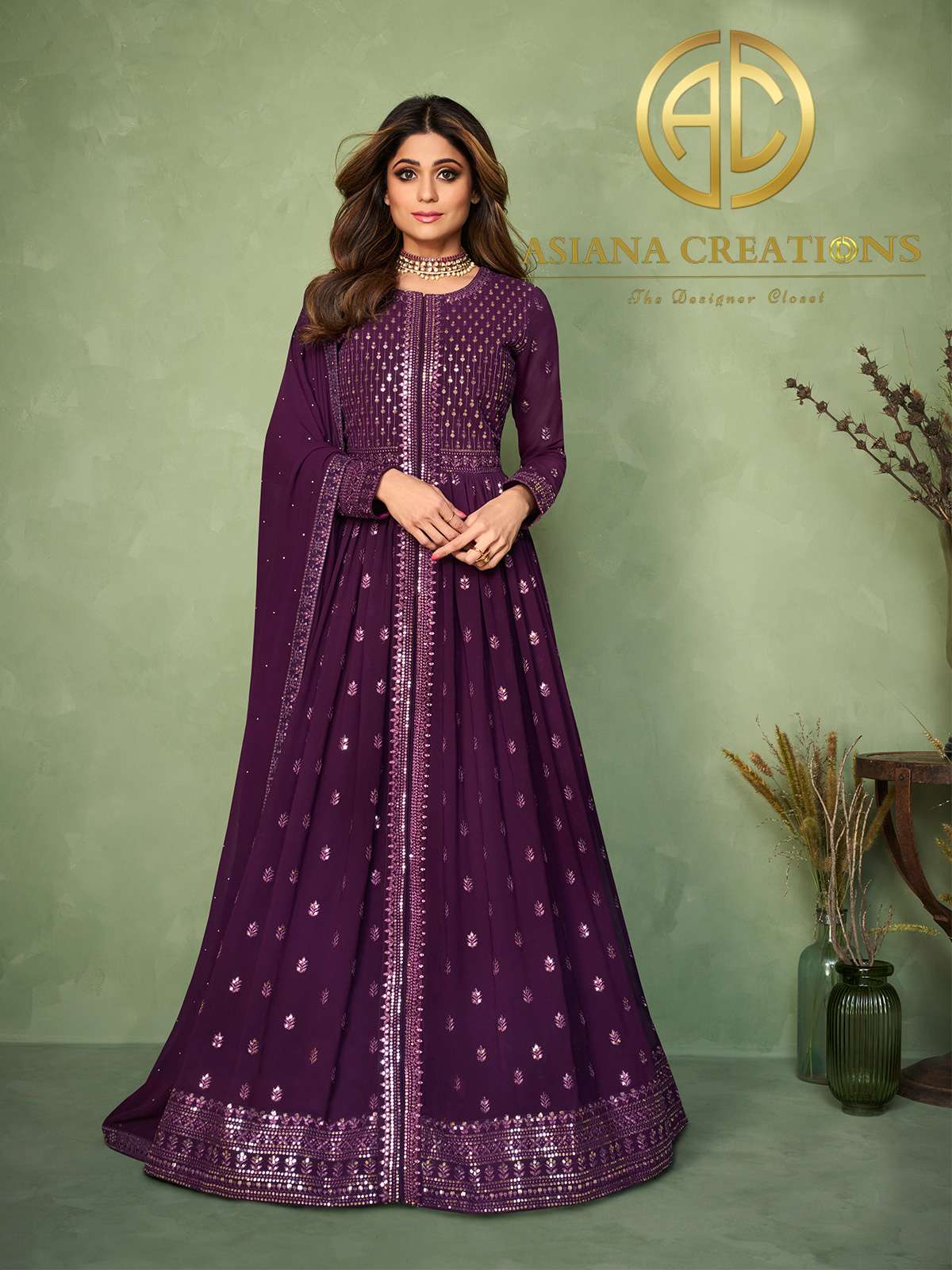 Shamita Shetty in Georgette Purple Embroidered Lehenga-9160