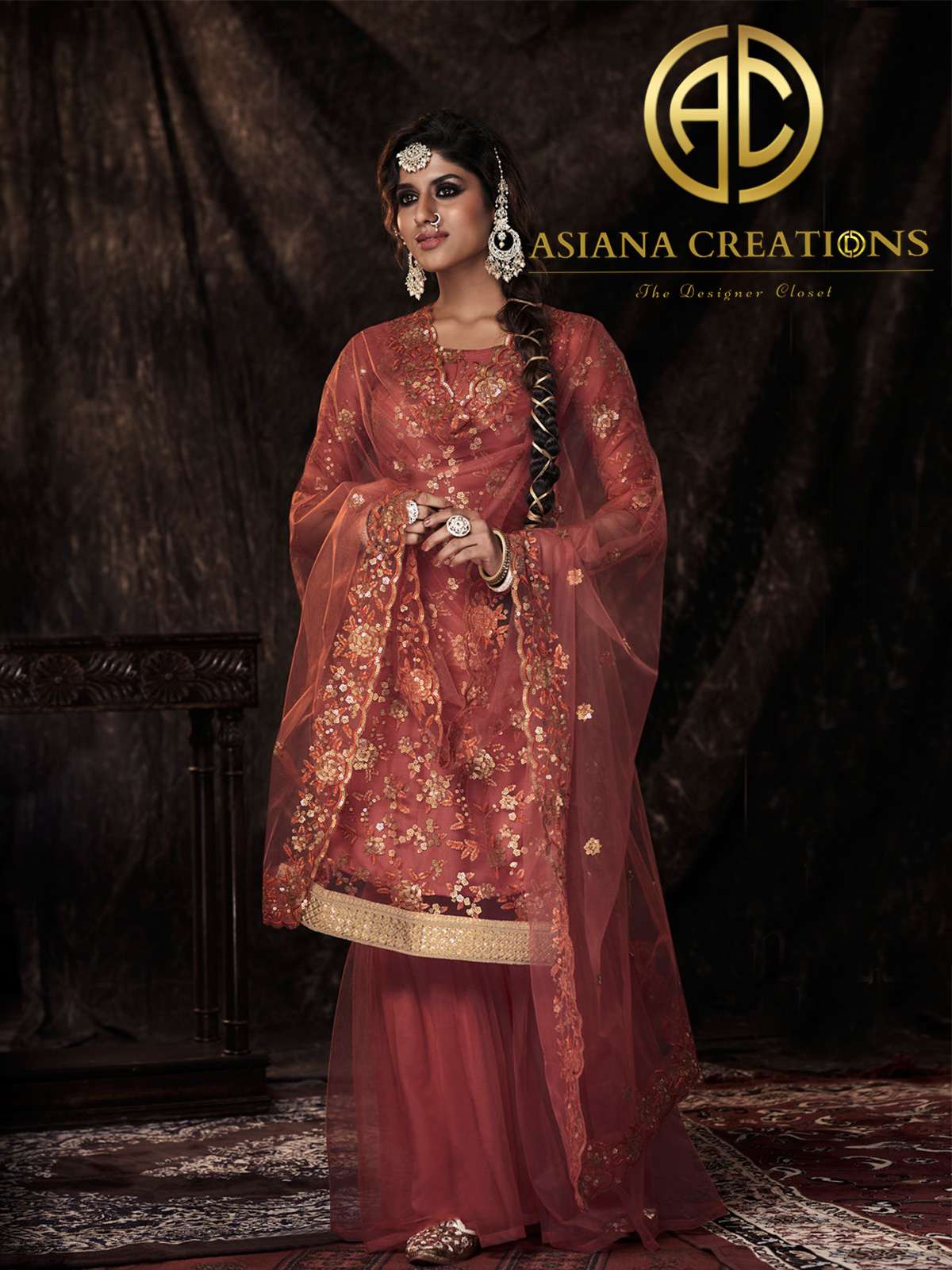 Net Embroidered Red Wedding Palazzo Suit-3099
