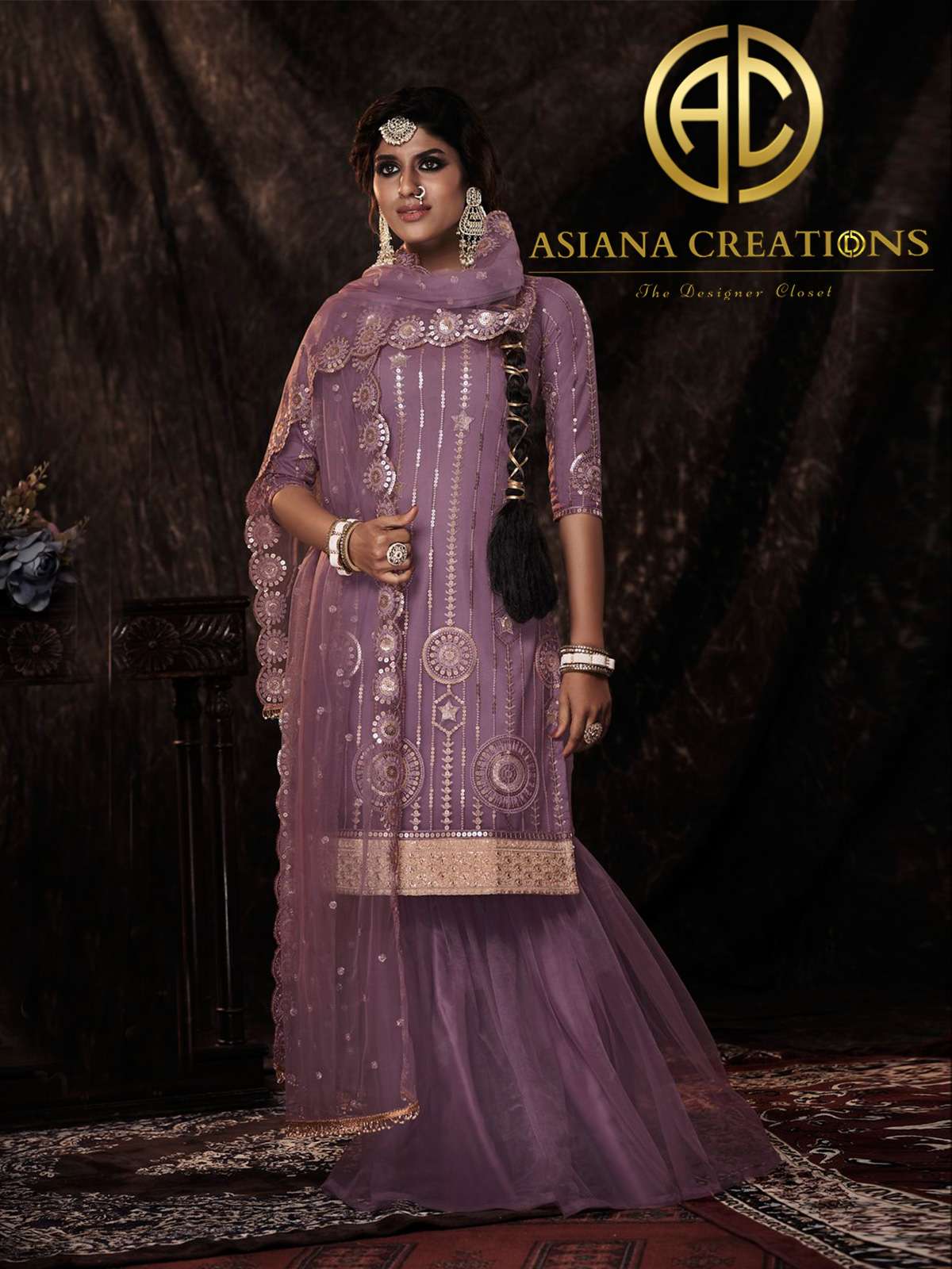 Net Embroidered Lavender Wedding Palazzo Suit-3100
