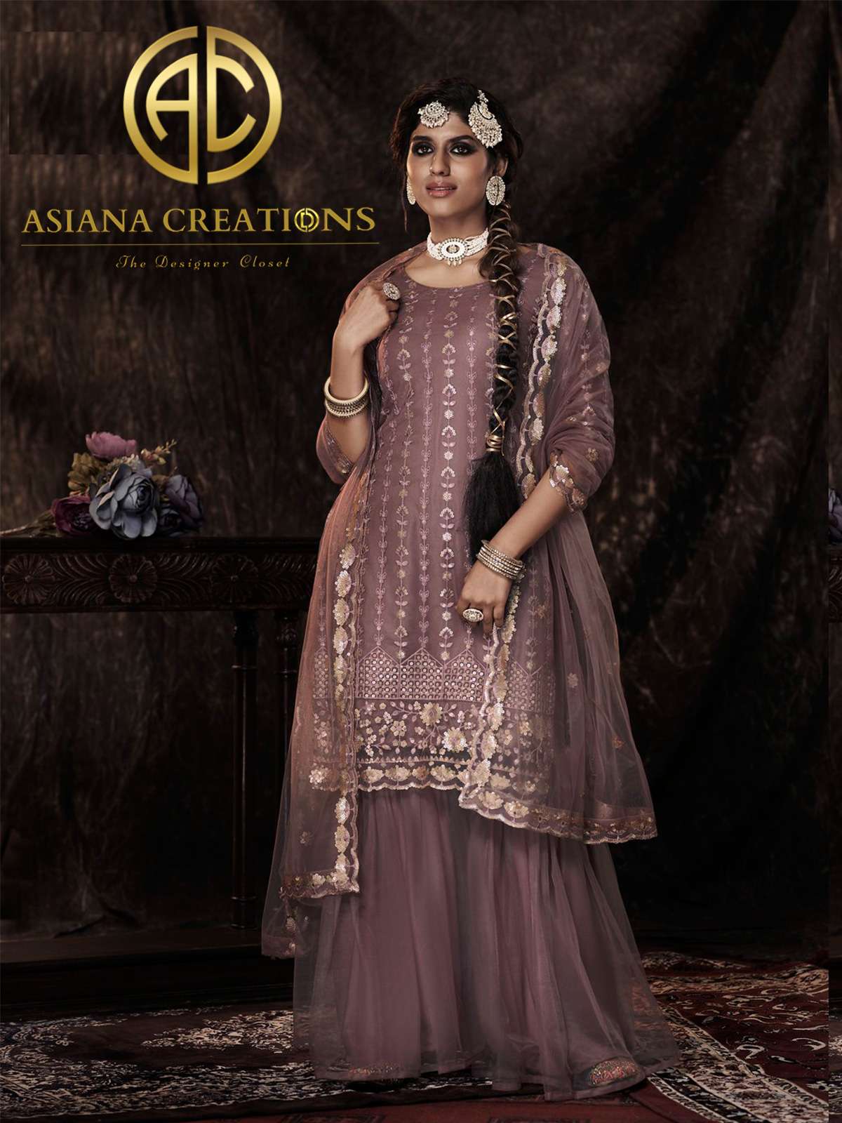 Net Embroidered Mauve Wedding Palazzo Suit-3103
