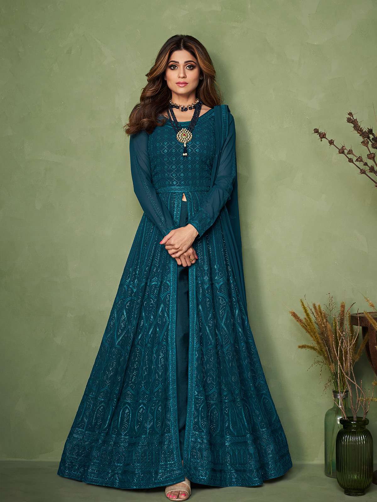 Shamita Shetty in Georgette Blue Embroidered Anarkali Suit-9144