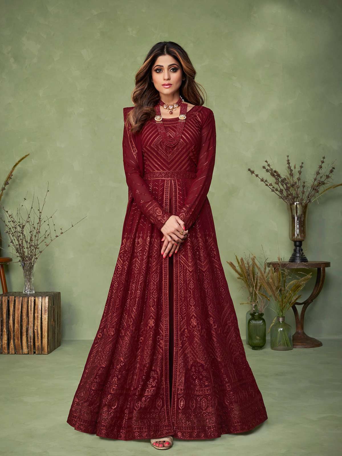 Shamita Shetty in Georgette Maroon Embroidered Anarkali Suit-9144