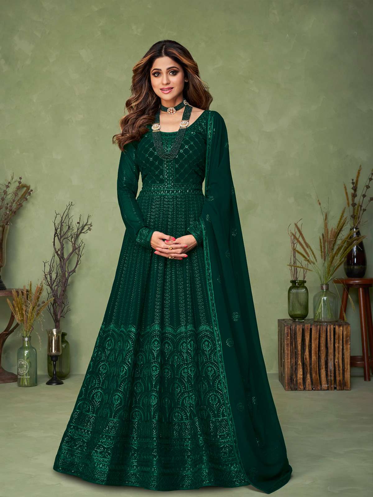 Shamita Shetty in Georgette Dark Green Embroidered Anarkali Suit-9144