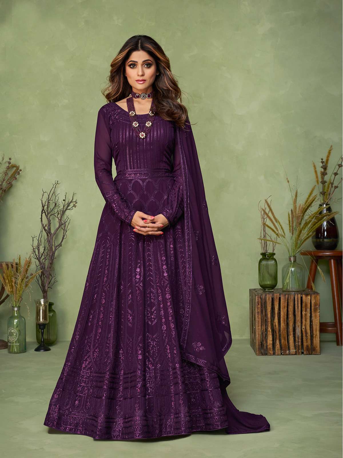 Shamita Shetty in Georgette Purple Embroidered Anarkali Suit-9144