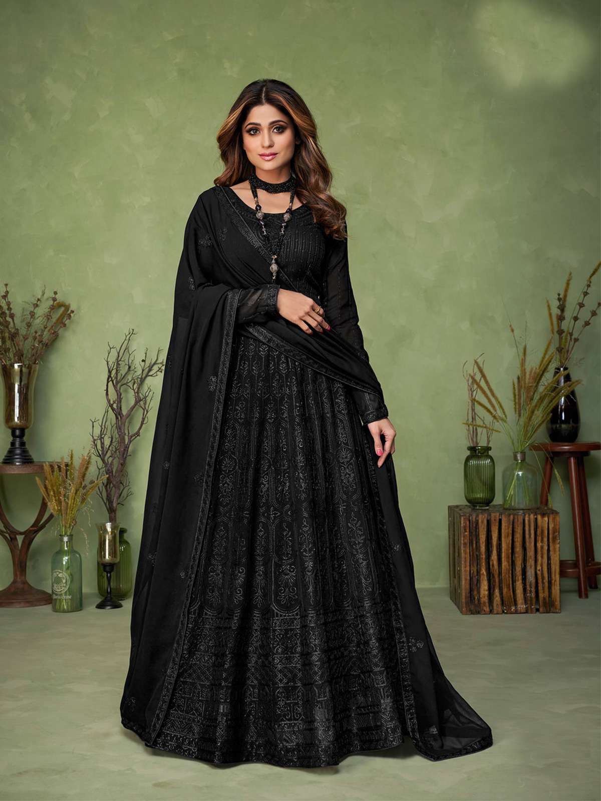 Shamita Shetty in Georgette Black Embroidered Anarkali Suit-9144